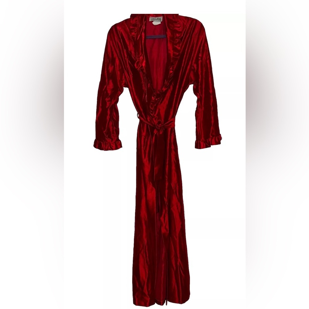 Vintage Leslie Anne House Robe Womens M Red Satin Ruffled Collar Long Trad Wife